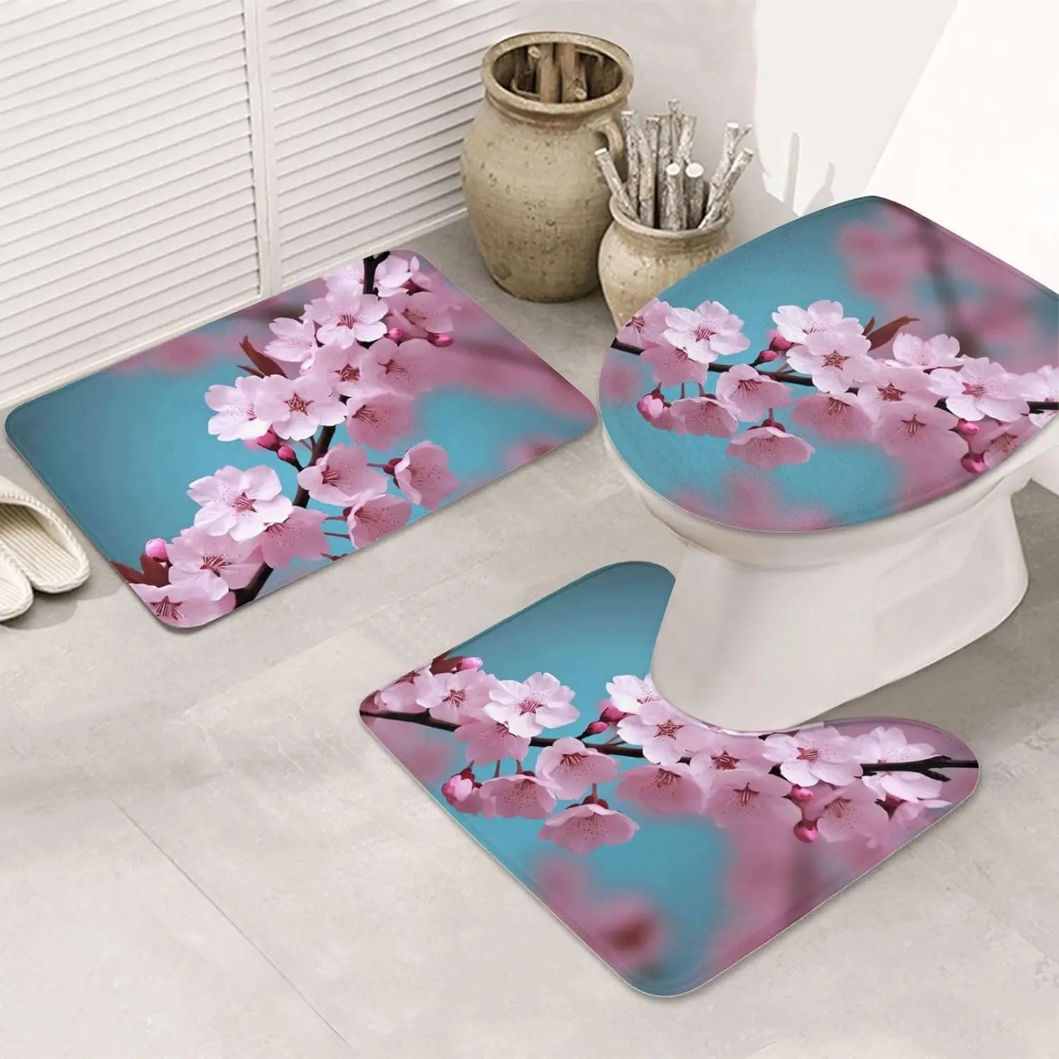 Cherry Blossom Bathroom Rugs Sets 3 Piece, Non Slip Absorbent Bath Rug U-Shaped Contour Toilet Rug with Toilet Cover