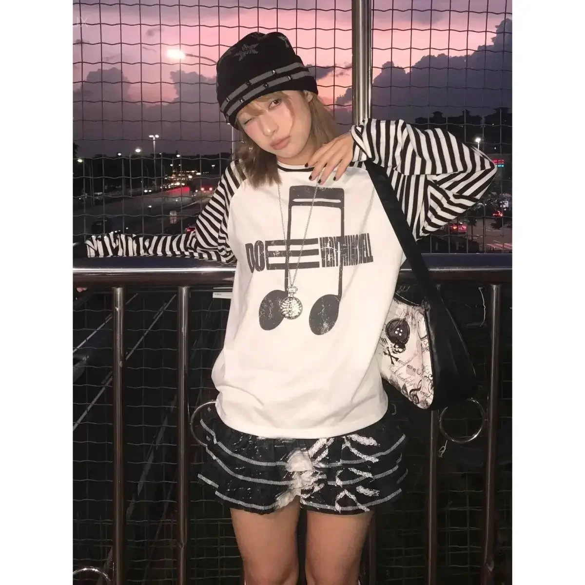 New Note Print Crewneck Sweatshirt Raglan Sleeves Abi New Y2K Striped T-Shirts Grunge Clothes Graphic T Shirts Tee Ropa Mujer