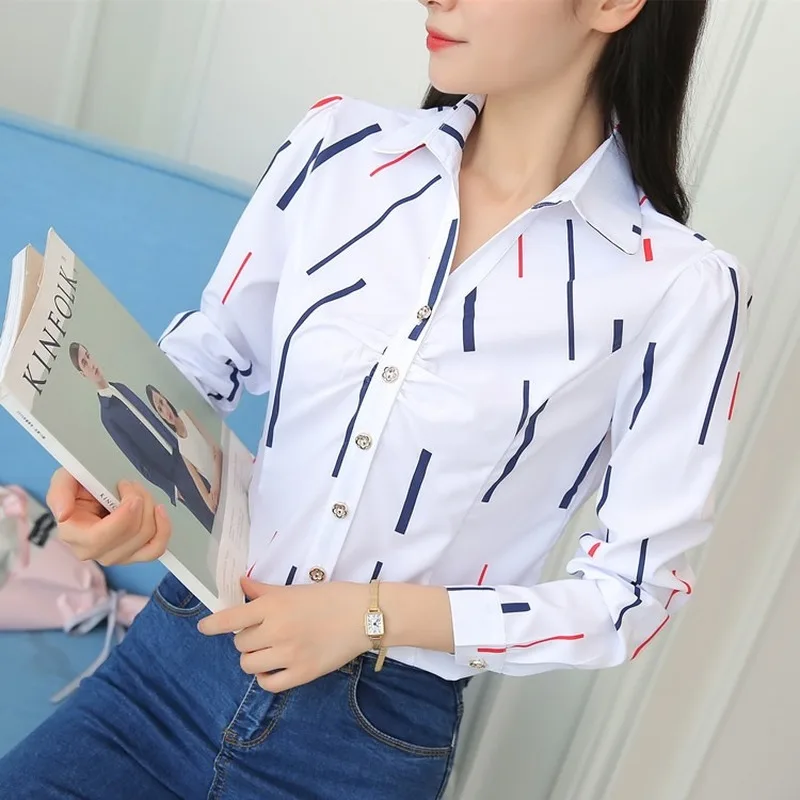 JFUNCY-Blusa de manga larga ajustada para mujer, camisa elegante con estampado a rayas, ropa de trabajo para oficina, 2023