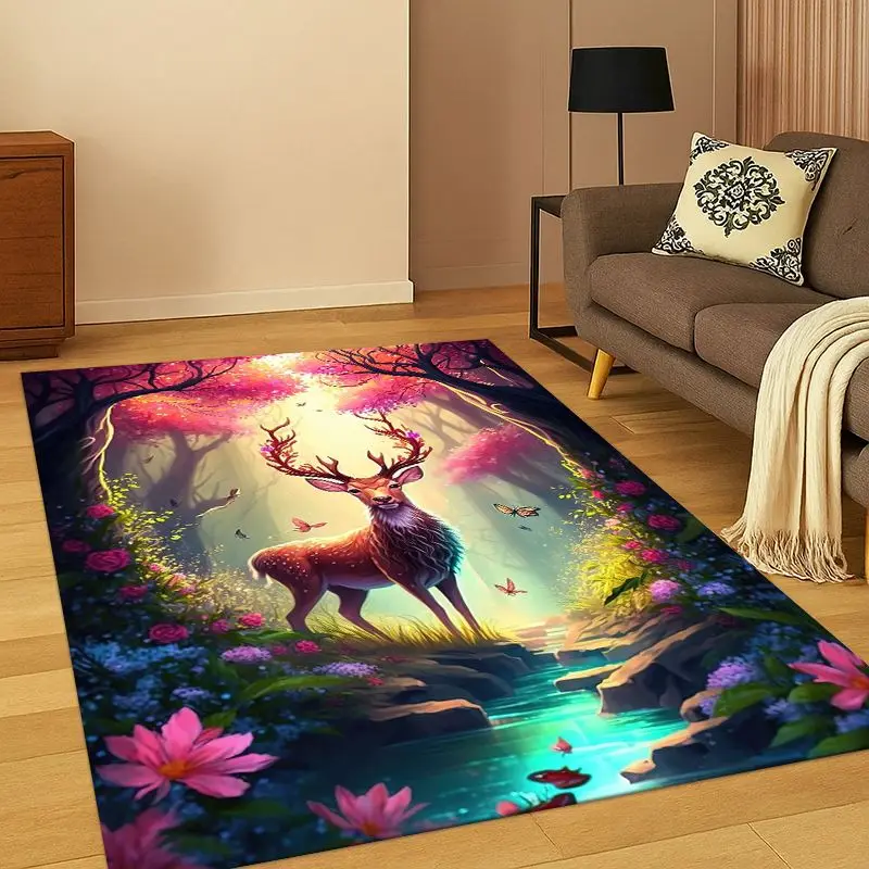 Dreamy Cute Deer Elk Cartoon Carpet Rug for Bedroom Living Room Sofa Playroom Doormat Home Decor,Kid Game Area Rug Non-slip Gift