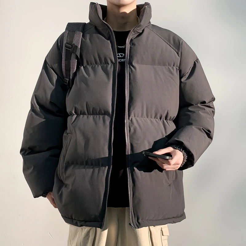 Men's Winter Parkas Solid Color Harajuku Windproof Zipper Outwer Stand Collar Padded Thickened Warm Jacket Coat Streetwear