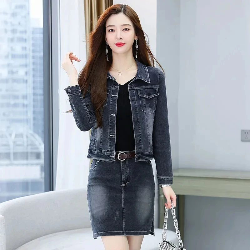

Black Denim Skirt Set Women's Spring Summer New Korean Slim Fit Short Coat Short Skirt Suit Ladies Two Piece Set 3XL