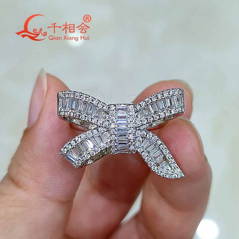 

18*25mm bowknot Sterling 925 Silver hip hop baguette Moissanite Ring Men women Diamonds Male fine Jewelry