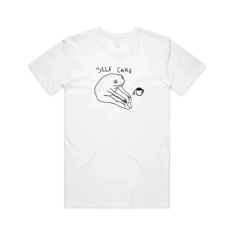 

Minimalist Self Care Frog T-Shirt White Casual Tee with Chill Vibes Art Cozy Unisex Top for Relaxation and Daily Wear Fashion
