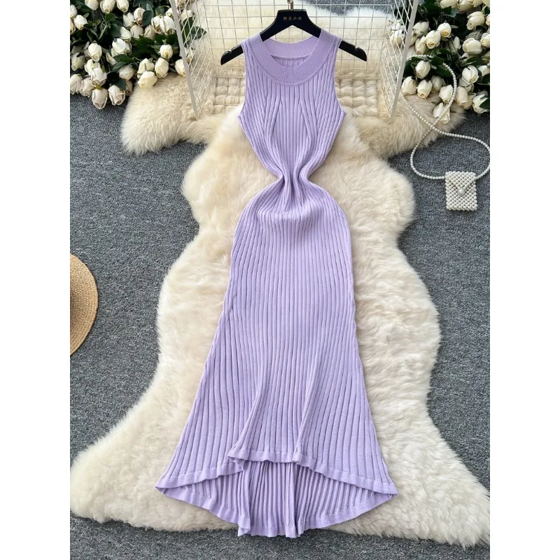 

Sleeveless Knitted Hanging Neck Slim Dress Women's Summer 2025 New Fashion High-end Sense Waist Irregular Vest Dress Elegant