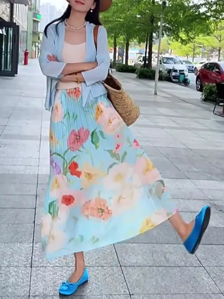 

Летний комплект: кардиган с длинными рукавами для защиты от солнца и юбка в стиле Three Houses, оранжевый цвет, с принтом колокольчиков, для отдыха и праздников, плиссированная юбка-полусолнце