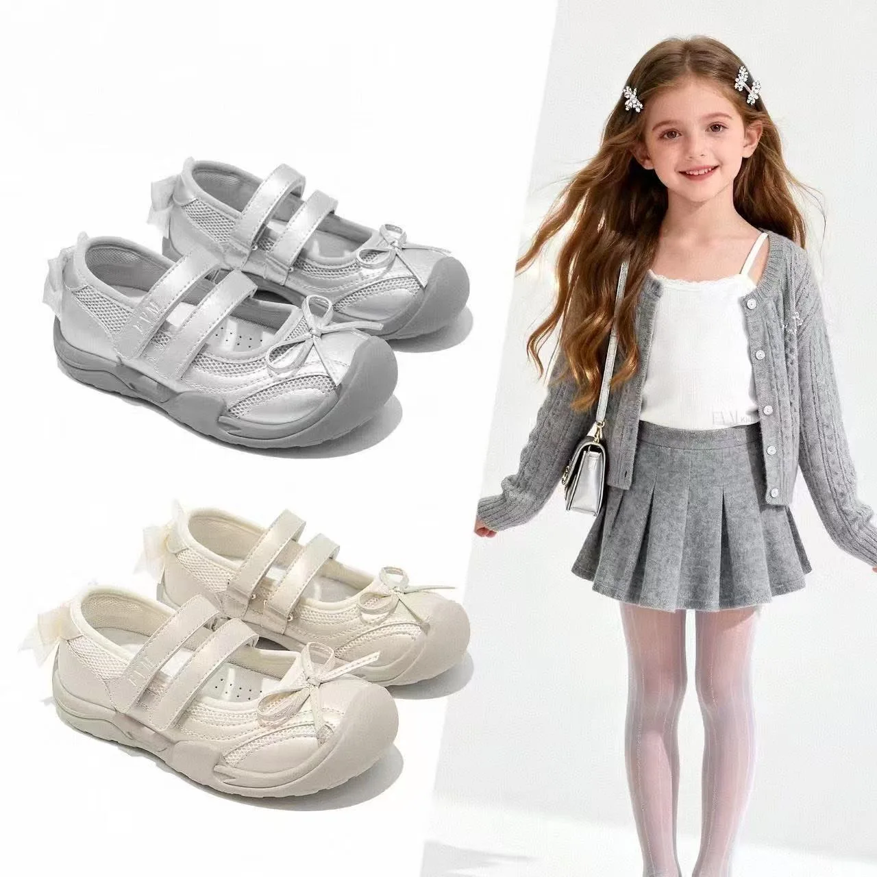 Girls Silver Ballet Sneakers 2026 Lightweight Mesh Princess Casual Shoes for Toddler Girls Breathable Non-Slip Sport Flats