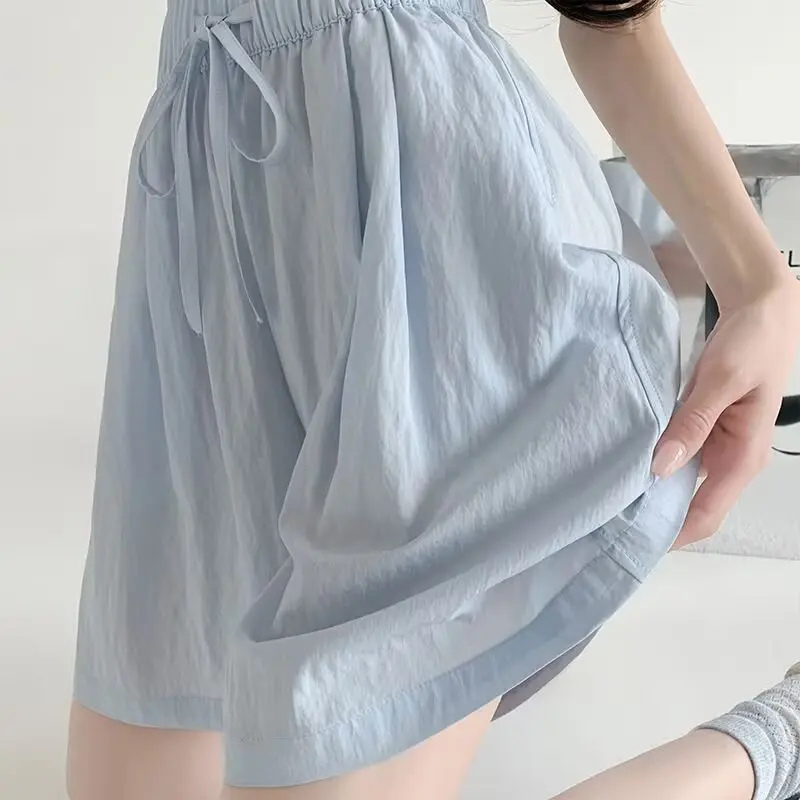 Women Casual High Waist Wide Leg Shorts Summer Lightweight Drawstring Loose Sport Running Shorts Woman Solid Color Beach Pants