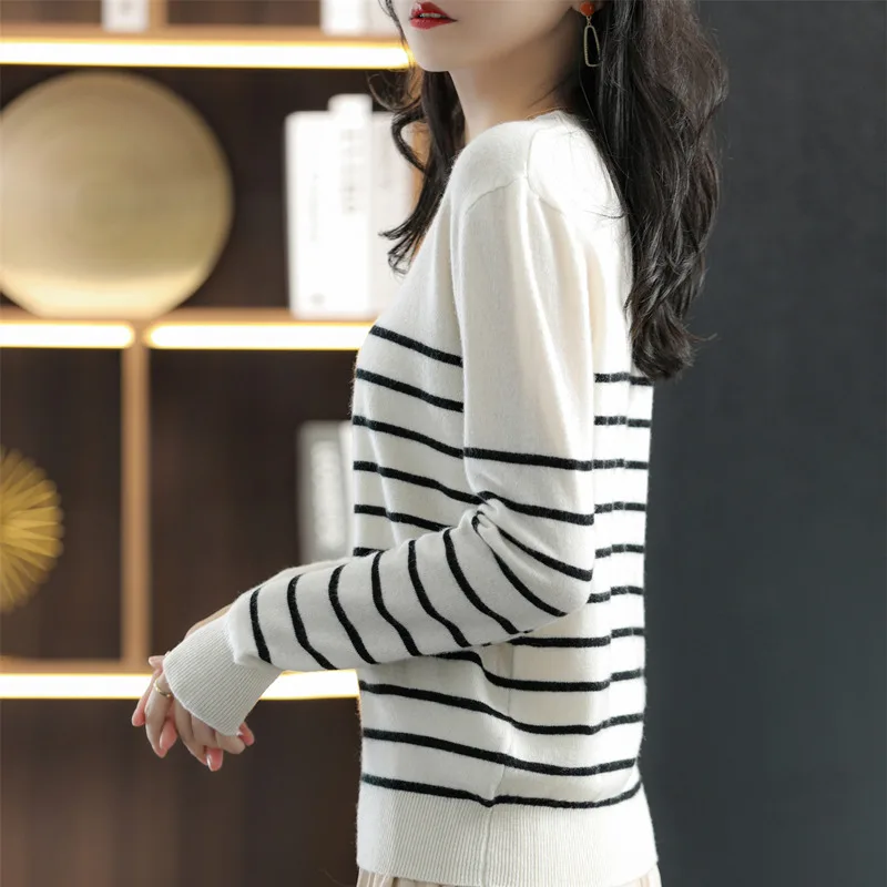 Pure Cotton Line Stripe Pop Sweater Women\'s Spring And Autumn Blouse Round Neck Knit Loose Inside With Outside Wear Bottom SMY18