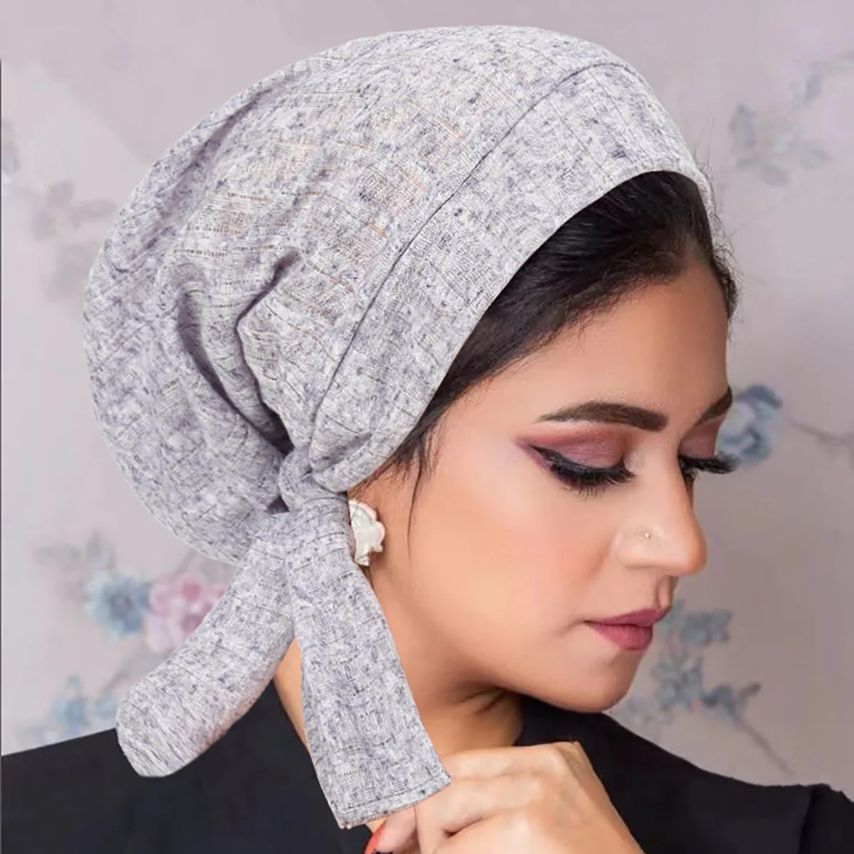 Trendy Stripe Long Tail Hijab Turban Hats Muslim Solid Color Head Wraps Elastic Breathable Chemo Cap For Women Girls