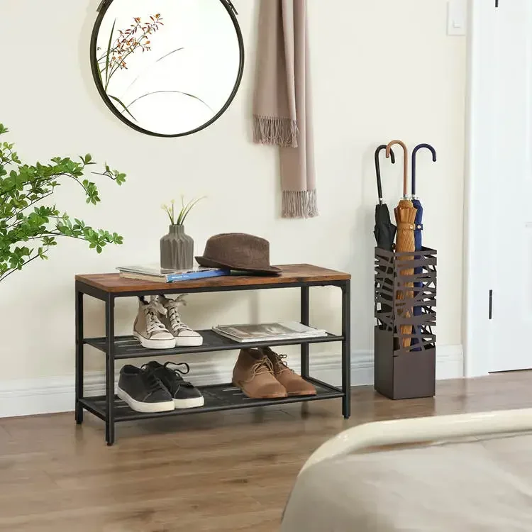 Industrial Storage Shelf with Seat, Rustic Brow Wooden Shelf Metal Frame Shoe Bench Rack for Entryway Living Room
