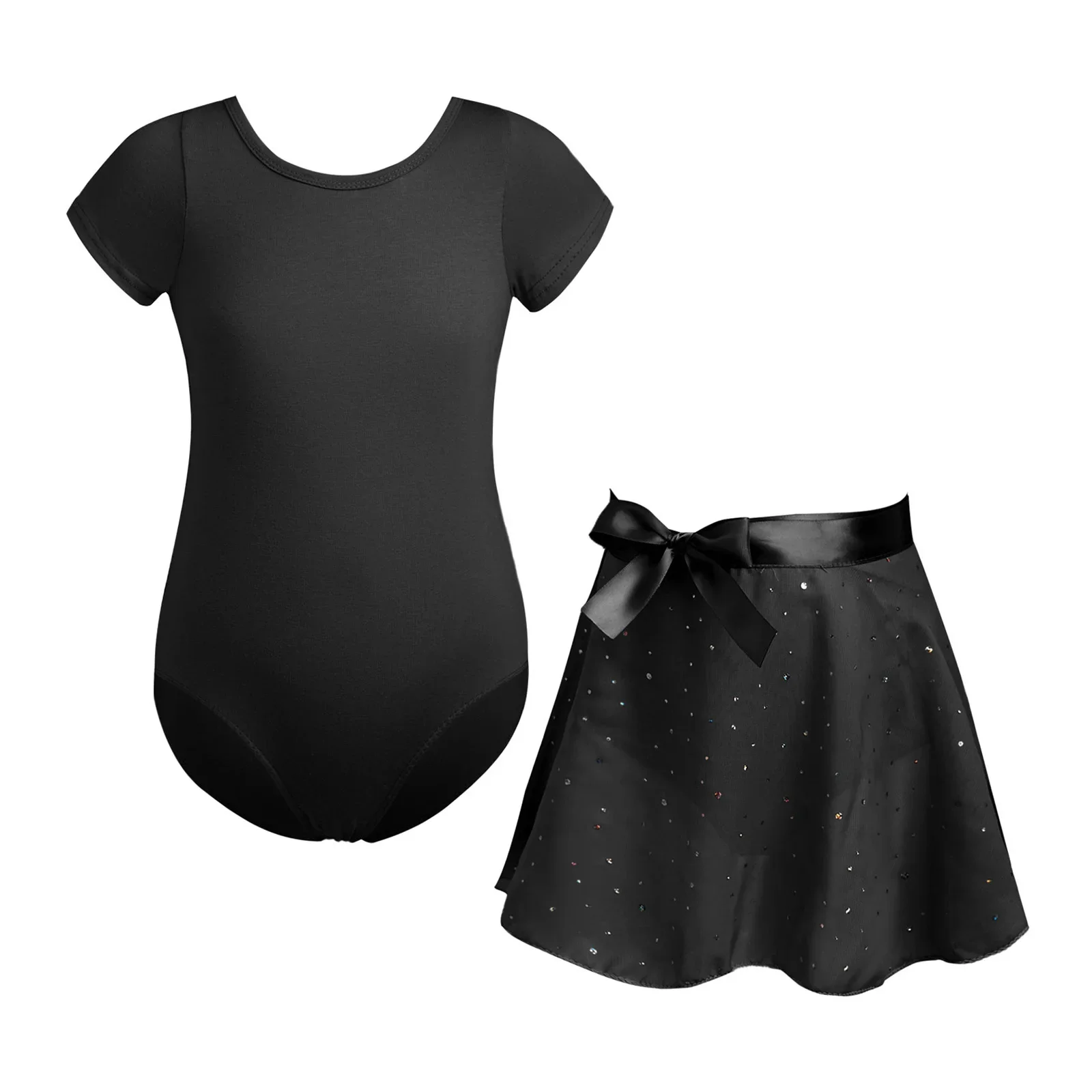 Costumes de danse 2 pièces pour enfants filles, justaucorps de Ballet à dos croisé avec jupe portefeuille à nouer soi-même, ensemble pour spectacle de pratique de base en équipe