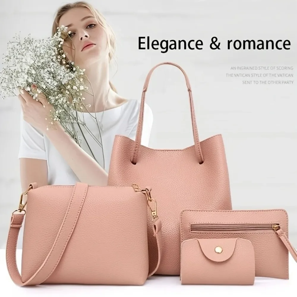 4 Piece Set Large Capacity Leather Handbag Pure Colour Lychee Texture Shoulder Bag Bucket Bag Wallet Handbag