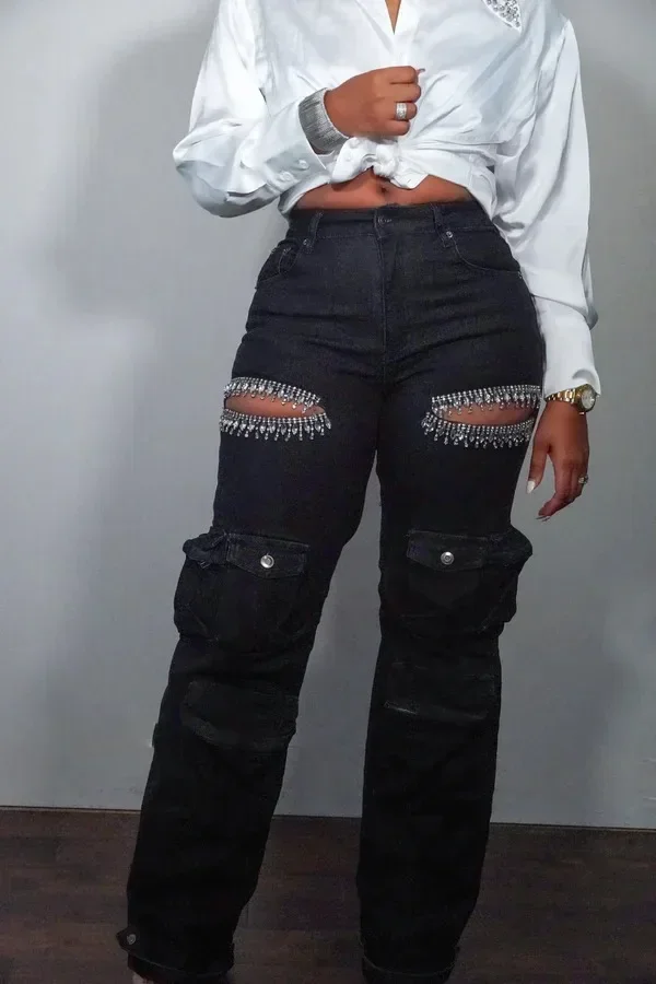 Women Cutout Diamonds Crystal Hollow Out Straight Denim Pants 2024 Fall Multi Pocket High Waist Wide Leg Jeans Trousers