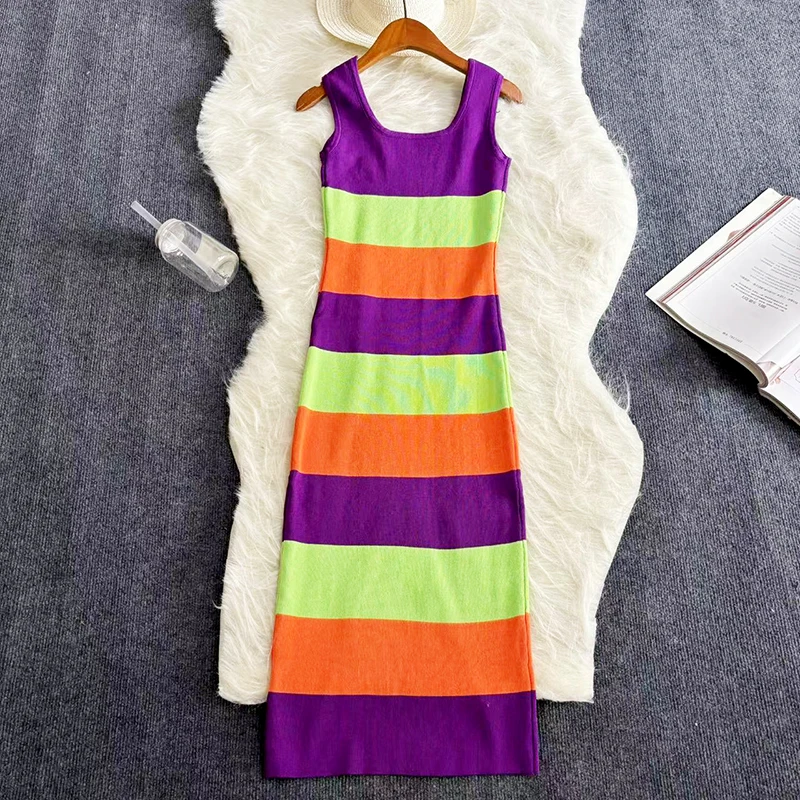 2024 Stripe Rainbow Summer Elastic Bodycon Dress Sexy Beach Sundress Women Casual Slim Pencil Vestidos Maxi Long Dress