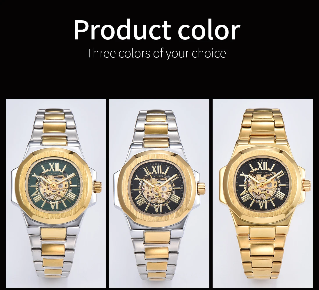 LONGLUX HOT SALE NEW Automatic Mechanical Men Watch Rome Business Waterproof Skeleton Luminous Stainless Steel Gift Watch