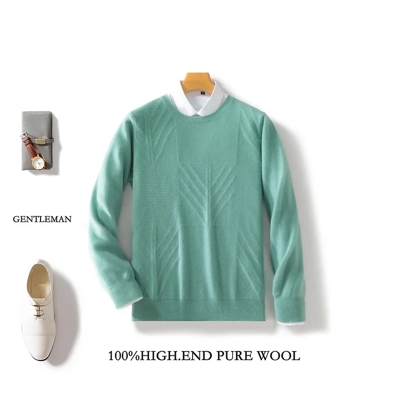 Autumn And Winter 100% Pure Wool Men's Round Neck Long Sleeve Pullover Business Casual Sweater Knit Bottoming Shirt