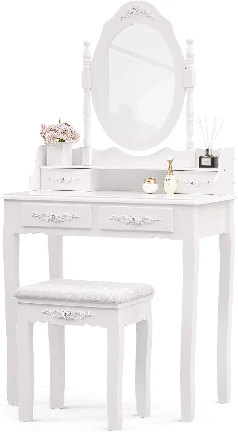 Vanity Table Set ,Makeup Table with Oval Mirror & Stool, Bedroom Wood Dressing Table with 4 Drawers White