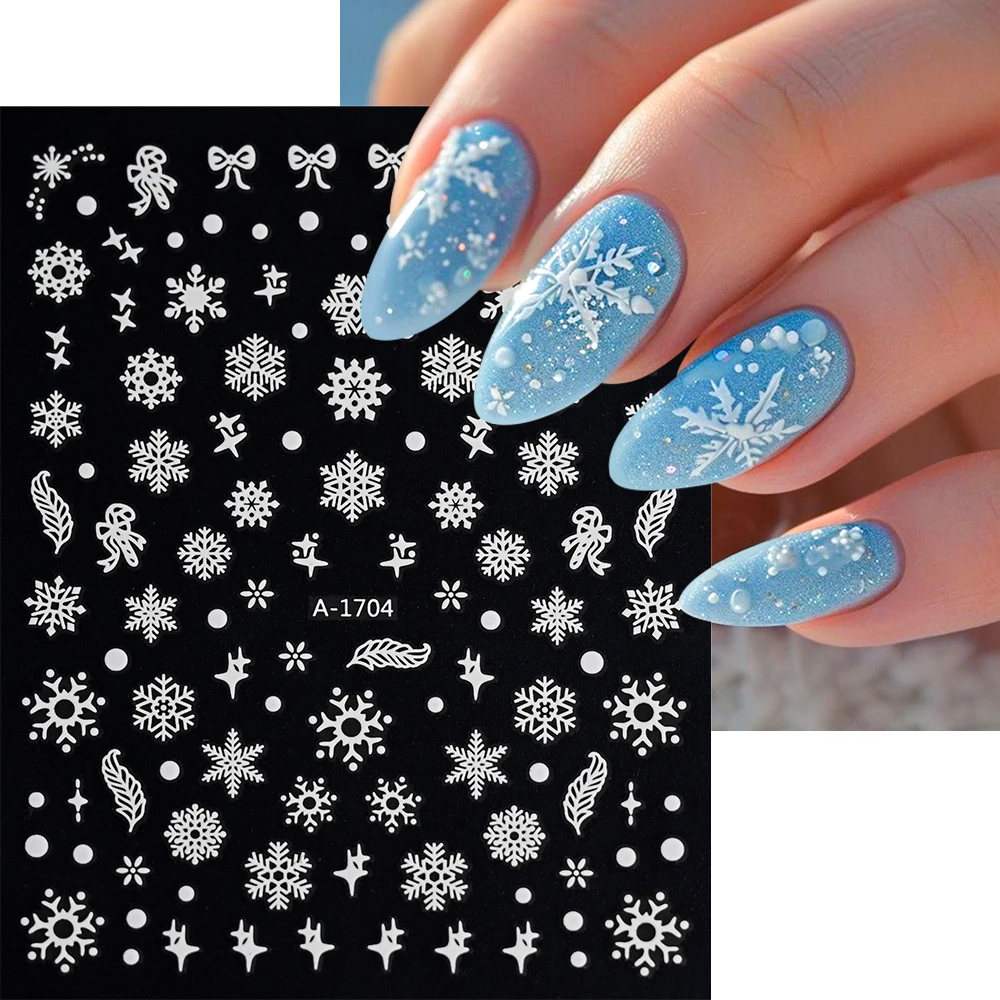 1Pc White Snowflakes Nail Sticker 3D Christmas Elk Snowman Adhesive Sliders Winter Snowflake Decals Xmas Manicure Decoration