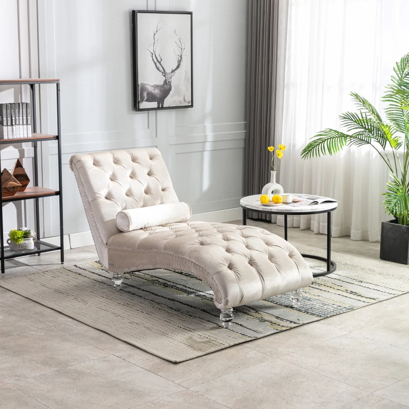 

Velvet Button Tufted Indoor Chaise Lounge Chair with Pillow Upholstered Leisure Chair for Bedroom or Office for Living Room