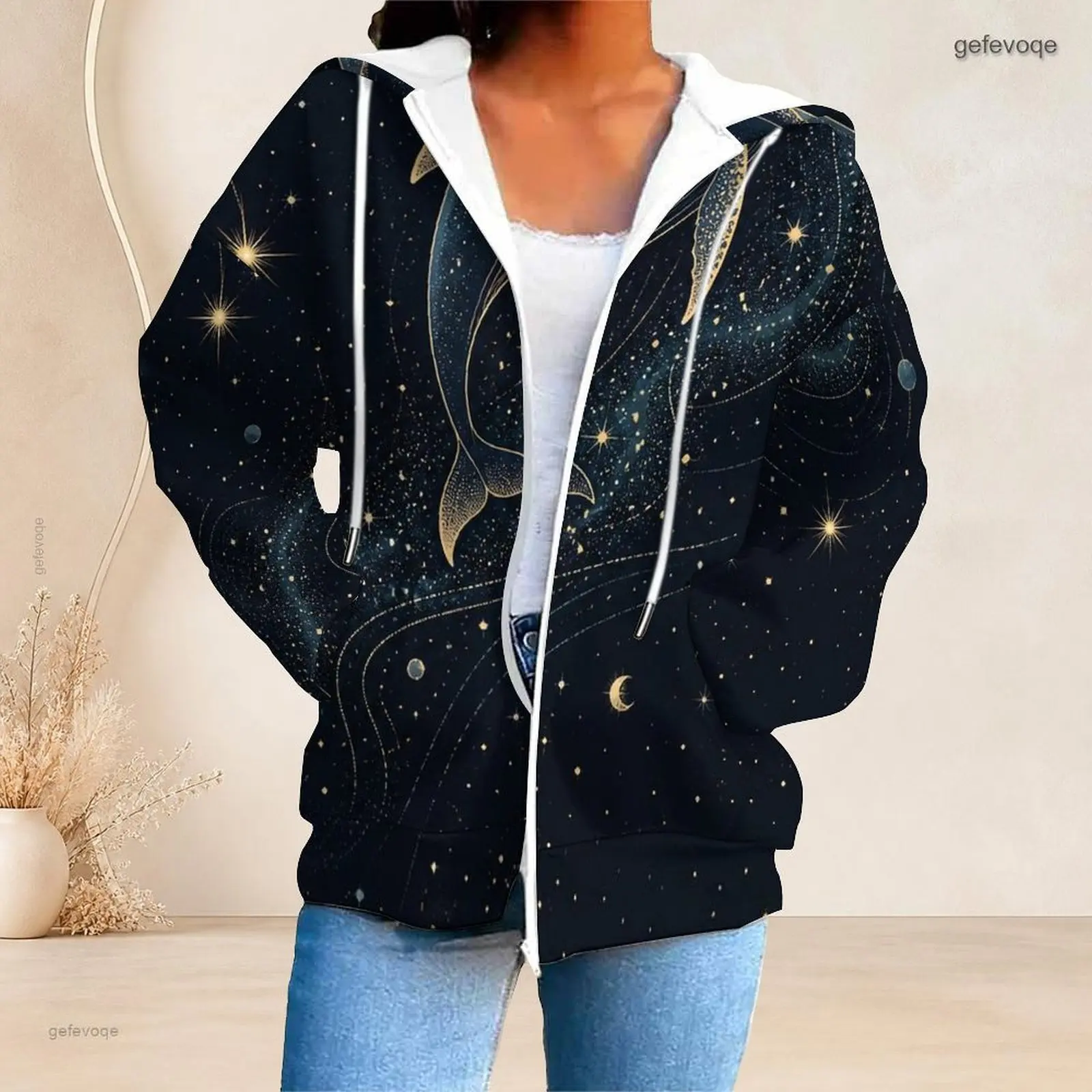 Printed Hoodie for Women Front Zip Long Sleeve Drawstring Hood Pockets