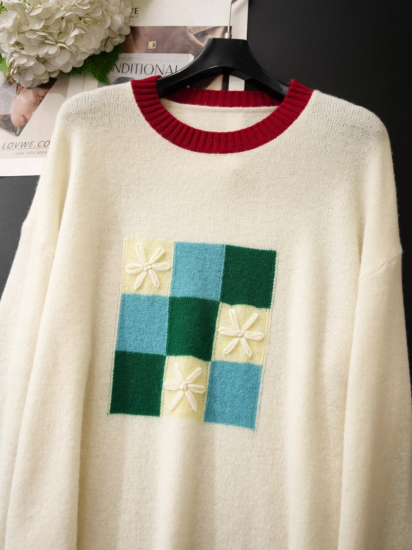 

e Art Sle 00 Woolen Knitted Sweater Color Blo Cheerboard Floral 3D Mosaic Base Layer Women's Winter Warm Top