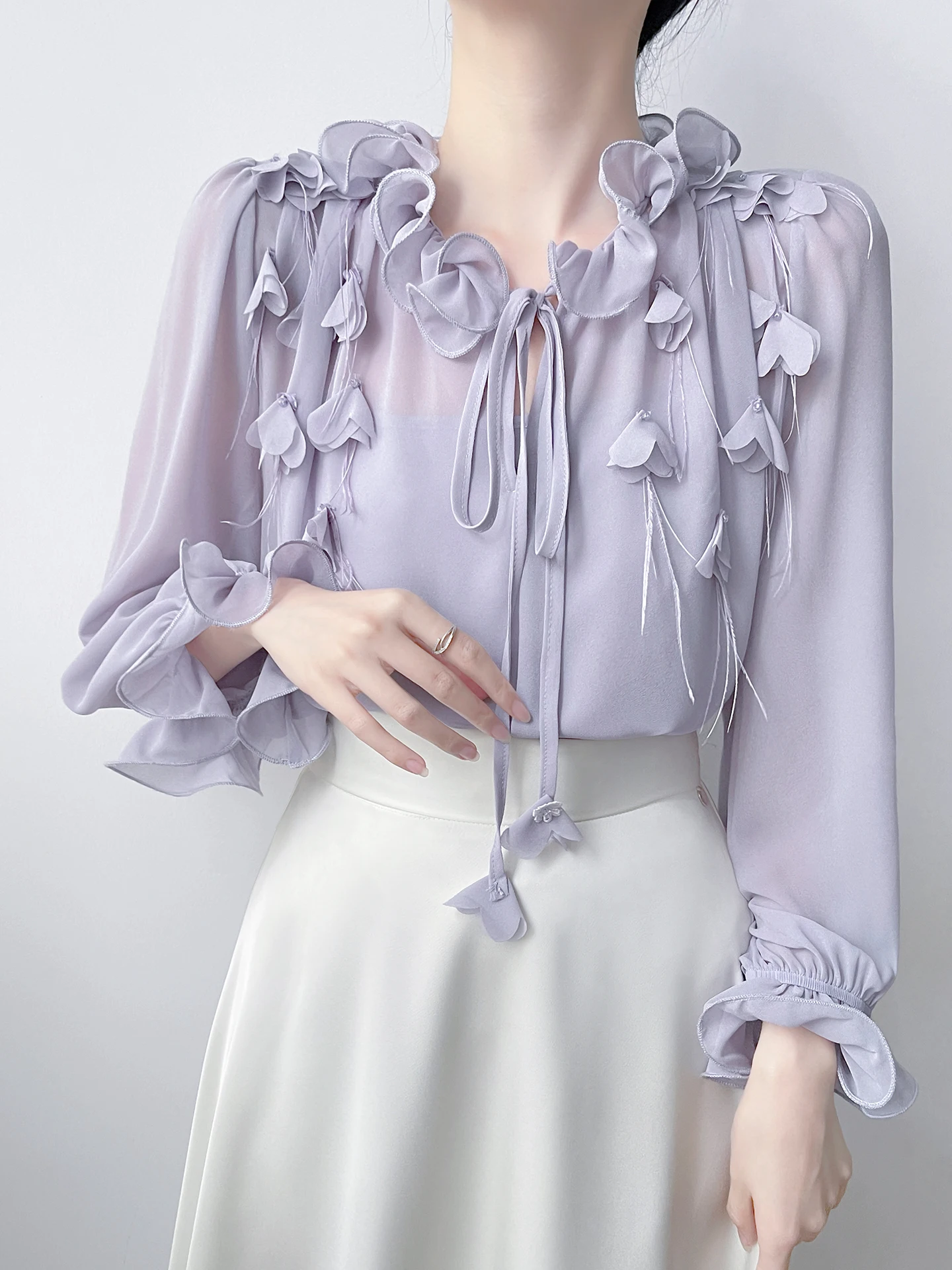 

Korean Style Heavy Embroidery Floral Tie Drapey Chiffon Shirt Women Elegant Two Piece Set Purple Top Gentle Style Loose Fit