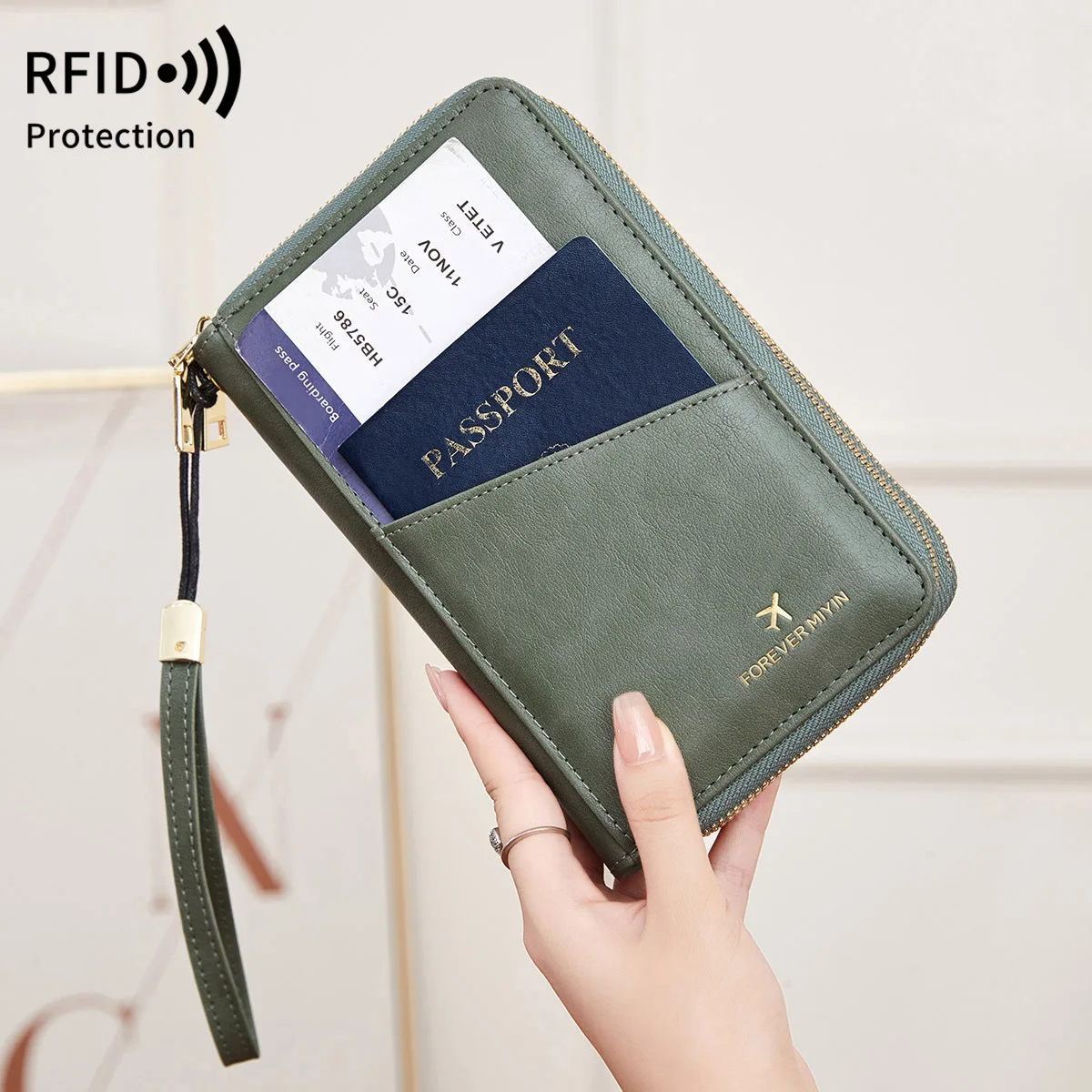 RFID security brush passport multi-function storage documents air tickets travel long double zipper cross body passport wallet