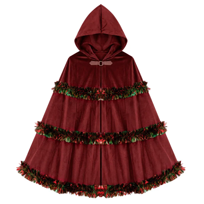 Women Christmas Hooded Velvet Cape Dark Blue Xmas Tinsel Trim Cloak Holiday Party Cosplay Fancy Dress Costume view 6