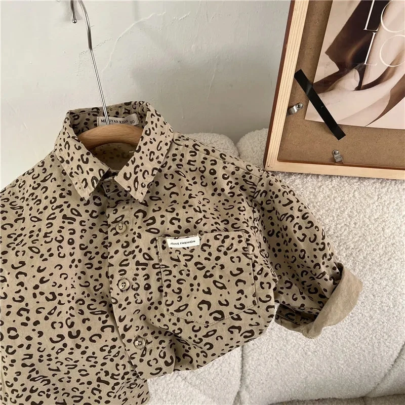 Boys\' Shirt Spring and Autumn New Children\'s Leopard Pattern Long sleeved Cotton Shirt Girls\' Baby Korean Edition Shirt Coat