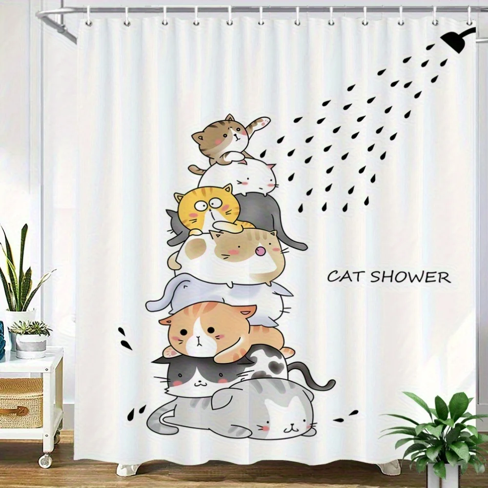 Whimsical Cat Tower Shower Curtain  Stacked Cute Cats + “CAT SHOWER” Text, Water Droplets, 12 Hooks, 70.87×70.87 inch, Polyester