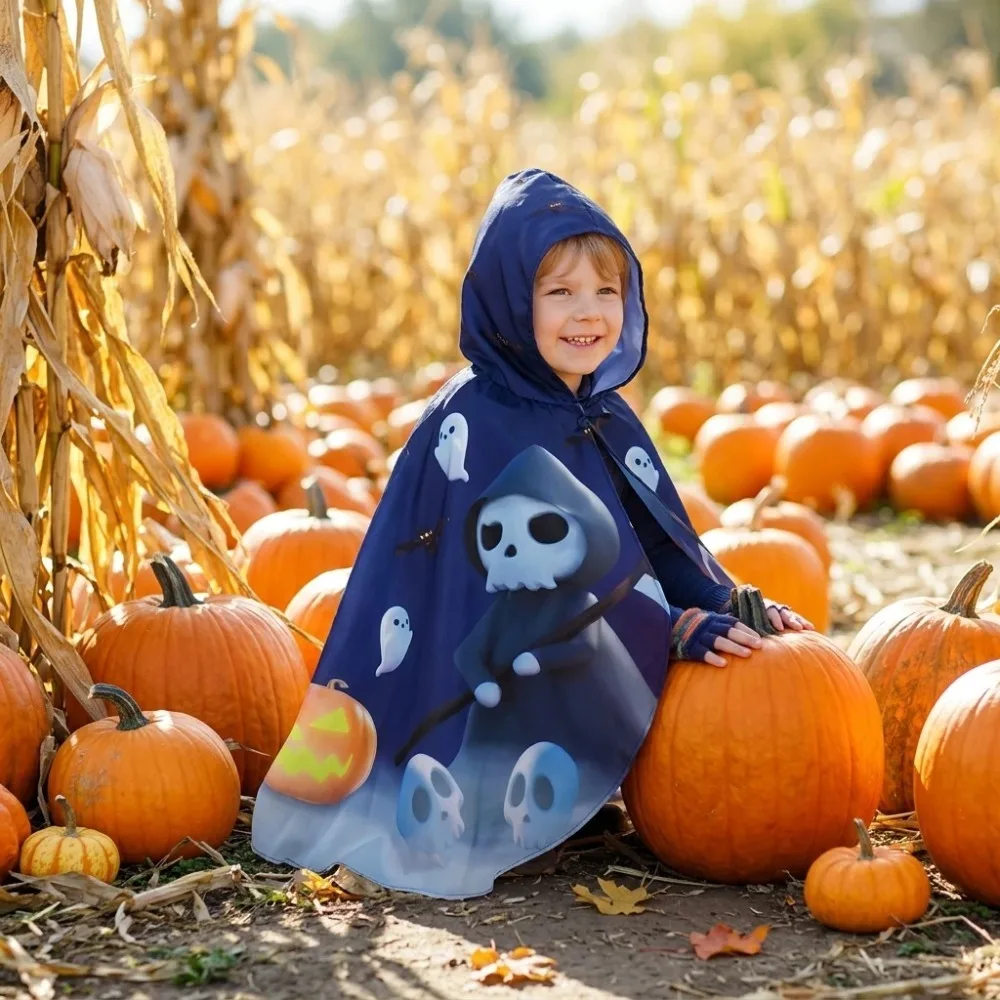 Kids Hooded Halloween Cape Cloak 3 Styles Pumpkin Ghost Bat Grim Reaper Print Witch Wizard Poncho Costume With Felt Pumpkin Trick Or Treat Candy Bag For Boys Girls Halloween Party Cosplay Fancy Dress Up Birthday Role Play Outfit Holiday Decor Gift Set