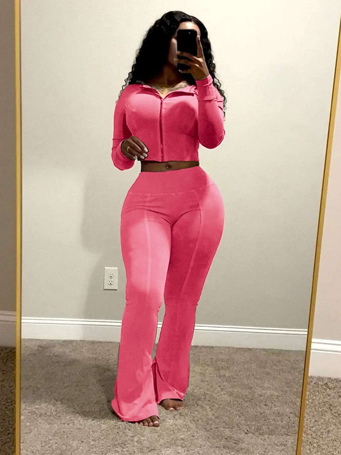 

Fashion Women's Set Long Sleeve Hooded Jacket and Slit Hem Flare Pants 2024 Fitness Two 2 Piece Set Outfits Tracksuit