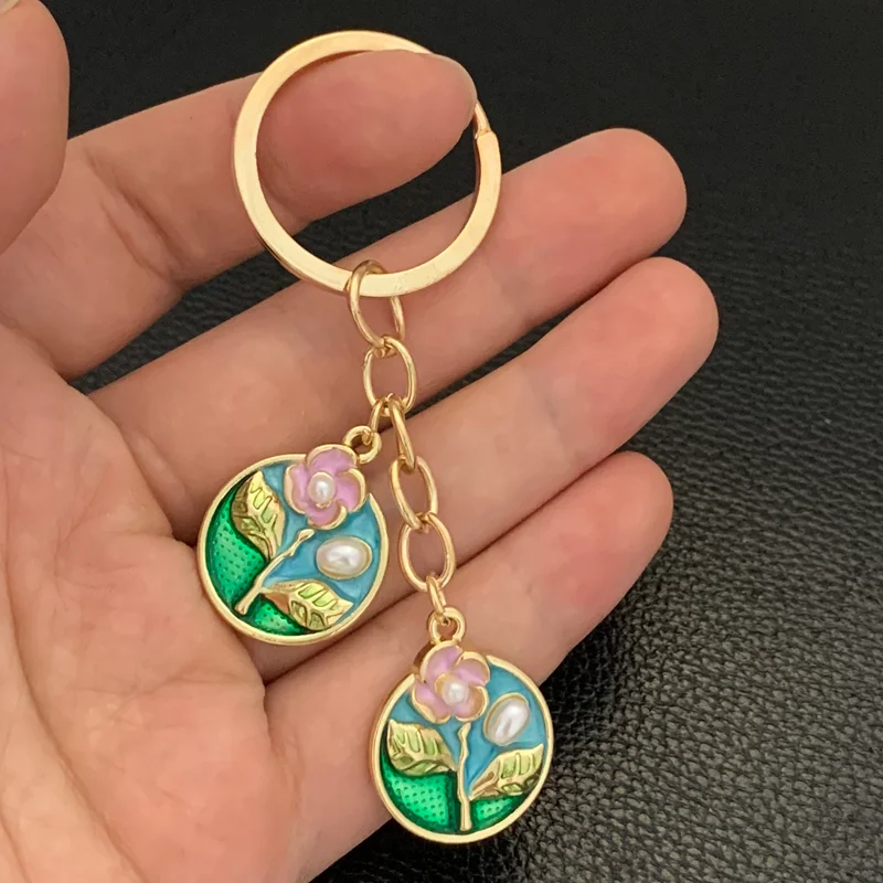 Mixed Colored Enamel Flowers Imitation Pearl Pendant Monet's Garden Oil Painting Style Charm keychain DIY Jewelry Accessor