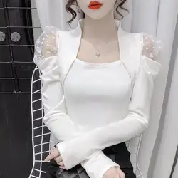 Square Collar Net Yarn Patchwork T-ShirtsFemale Fashion Spring Winter Temperament Undercoat Top Tee Women Clothing Pleated Tops