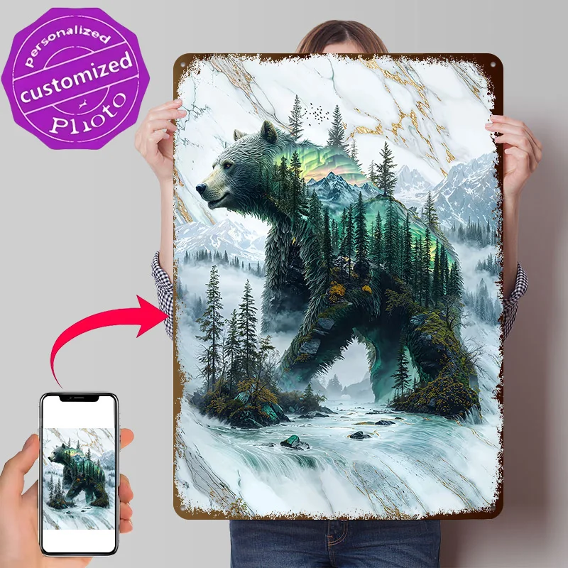 Misty Mountain Bear 3D Texture Metal Poster Customized Wall Art Tin Sign Gift for Mancave Room Decoration Gaming Bar Accessories