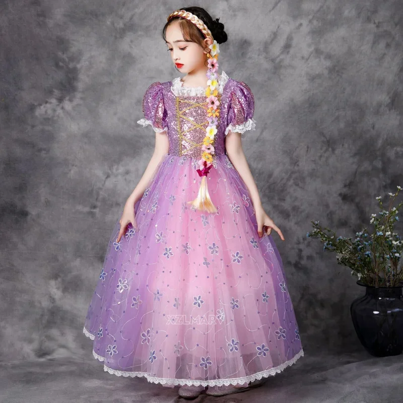 Coslan 2023 Charm Girl Costume Rapunzel Princess Party dresses for Girls Tangled Cosplay Vestido Dresses Children Ball Gowns 2-1