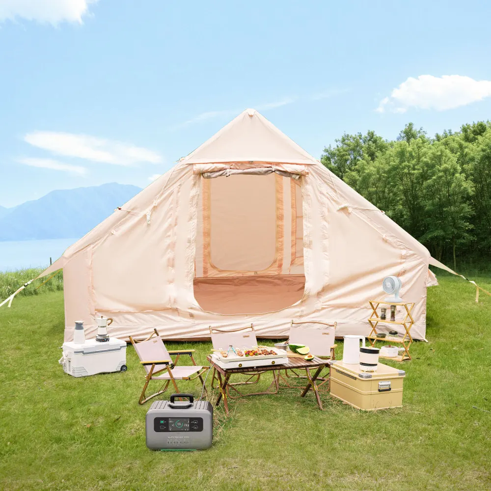 All-season Oxford Cloth Cabin Tent with Mesh and Chimney Window; Inflatable Camping Tent with Manual Air Pump; Luxury Inflatable Camping Tent; Upgraded Quality; Good Ventilation; Easy To Set Up; Waterproof and Windproof Inflatable Tent.