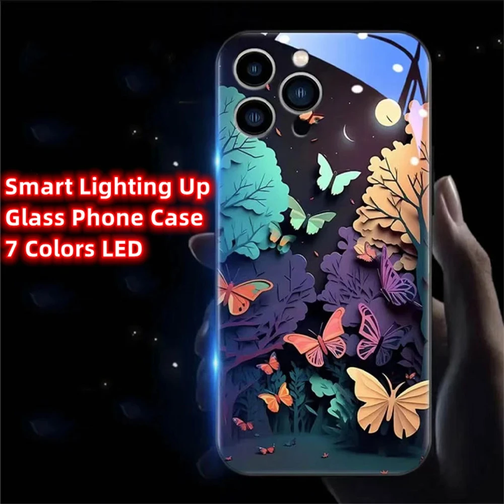 Forest Butterfly Smart LED Light Glow Tempered Glass Phone Case Back   For XiaoMi 13 12 11 Pro Ultra RedMi K60 K50 Poco F3 F4 F5