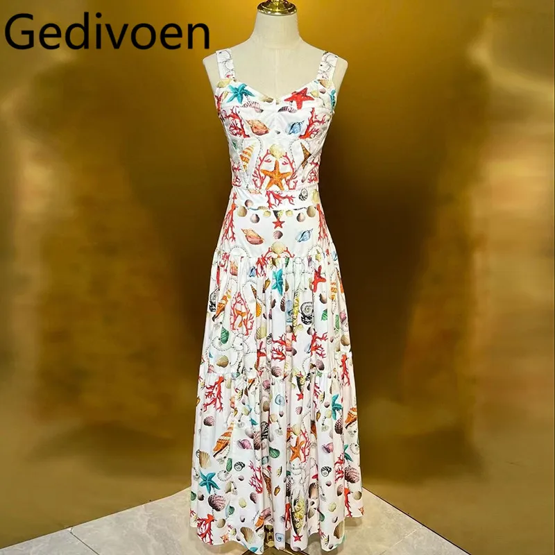 

Gedivoen Summer Fashion Runway Designer Skirt Sets Women's Bohemian Print Backless Camisole+Ruched Ruffles Skirt Two Pieces Set