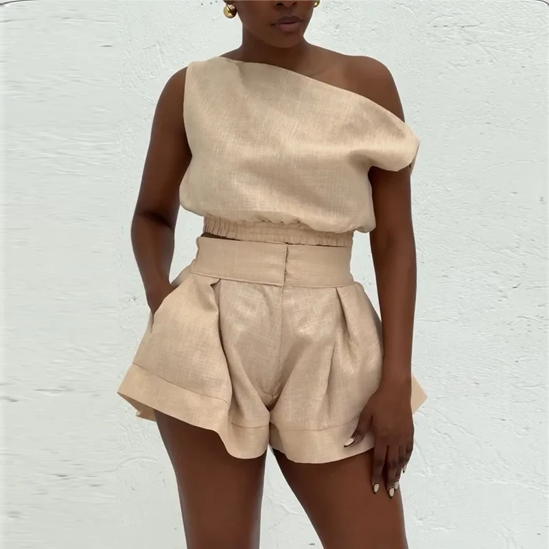 

2025 Summer New Fashion Women's Khaki Solid Color Casual Trendy Loose 2 Pice Sets Slash Neck Sleeveless Tops Wide Leg Shorts