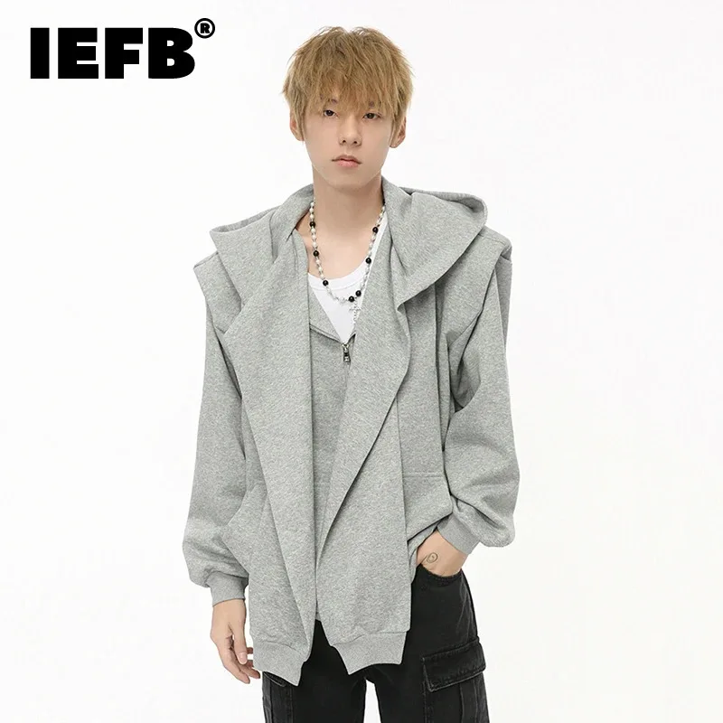 IEFB Niche Design Men\'s Hoodies Fake Two-picece Hooded Zippers Solid Color Autumn Male Loose Sweatshirts Personality 2024 9C7313