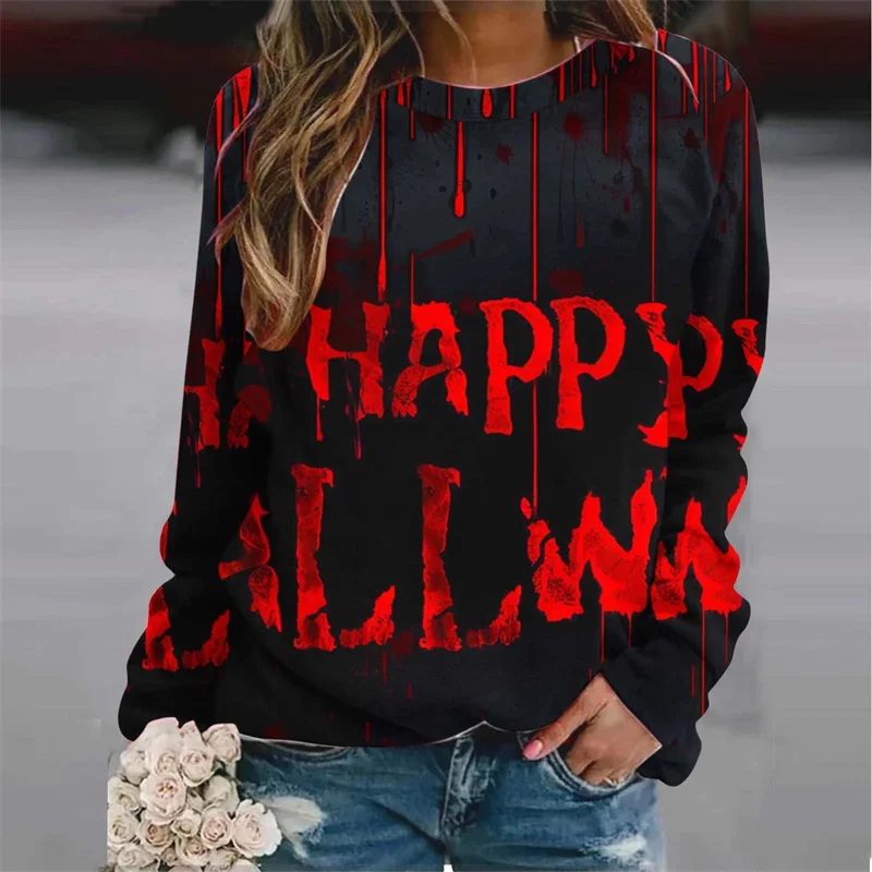 

Harajuku 3D Horror Halloween Print Sweatshirts Red Bloody Patterns Graphic Round Neck Hoodies Women Fashion Clothing Sweatshirt