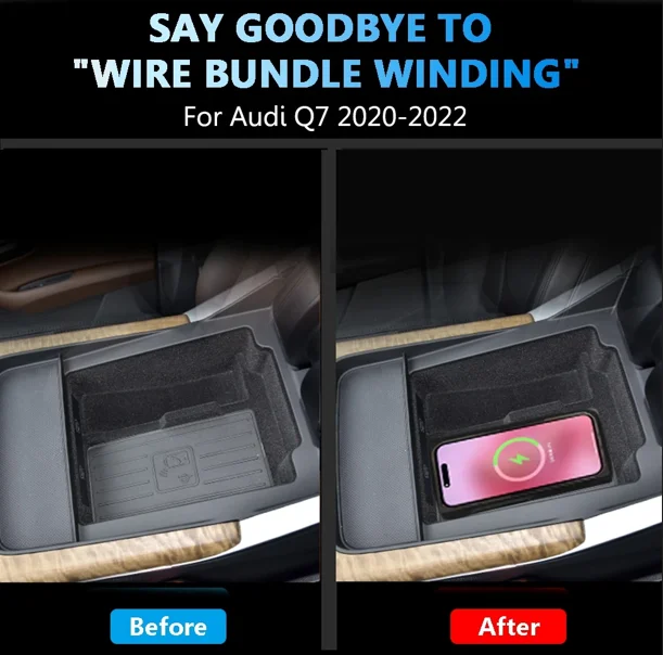 2 Din for Audi Q7 Q7L 2020-2022 Car Wireless Mobile Phone Charger Center Console Storage 18W iPhone fast charge plate holder