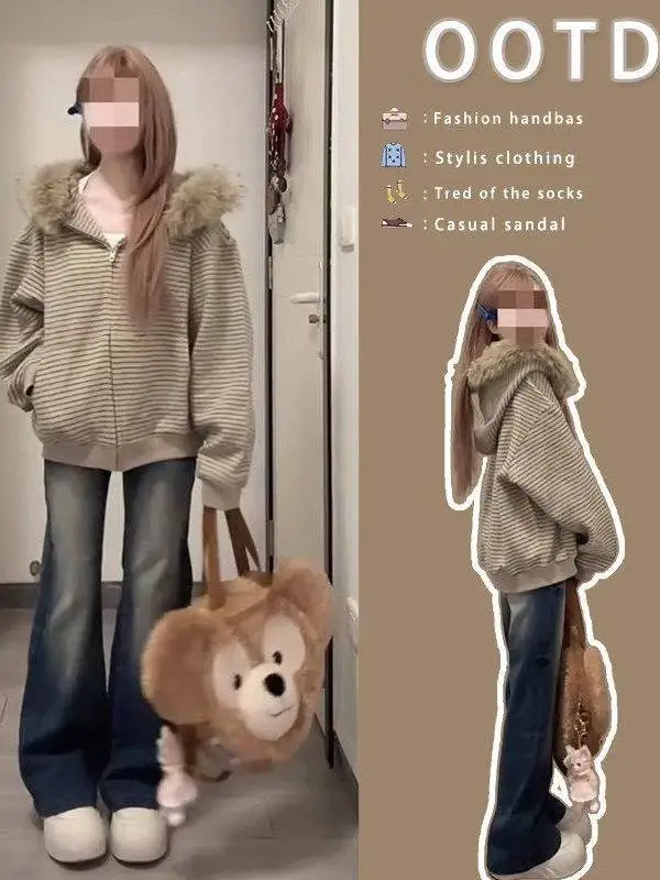 Retro Color Block Faux Fur Collar Hooded Short Jacket Women's Striped Patchwork Fleece Lined Thick Warm Coat Youth Ladies Sport