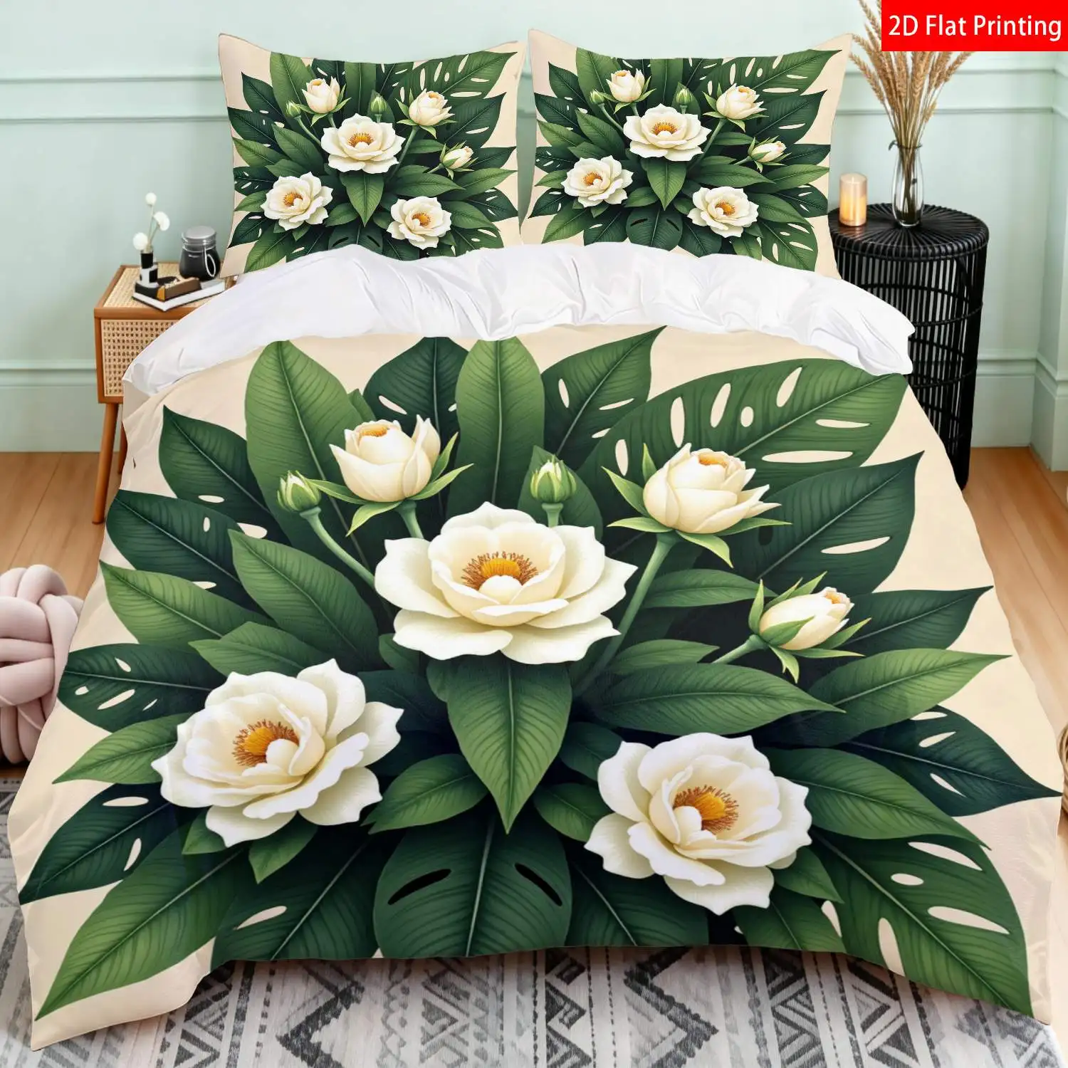 Modern Tropical Duvet Cover Set 3 Piece with Invisible Zipper White Rose Green Monstera Leaf Print Cream White Background Bedding