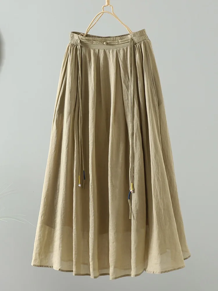 

High Waist Tassel Trim Lin Cotton f Skirt Women Summer Chinese Sle Button A-Line Midi Skirt Loose Fit Pure Color