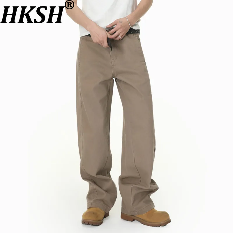 

Новые мужские джинсы HKSH: модные корейские однотонные свободные хлопковые джинсы с широкими штанинами, универсальные повседневные брюки HK21699