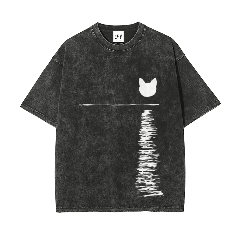 Cat Reflection Washed Tshirt Minimalist Graphic Trendy Summer Casual Loose Short Sleeved Relaxing Comfortable Cloth Tops