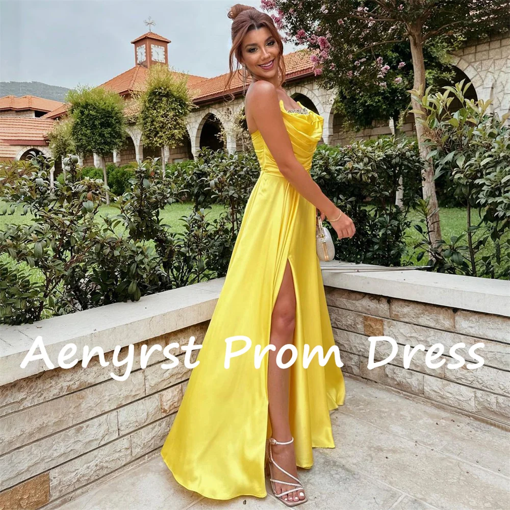 Aenpopst-Robe de Soirée en Satin Jaune Simple Sans Bretelles pour Femme, Tenue de Bal à Fente Haute sur le Côté, Longueur au Sol, Tout ce qui est fait sur Mesure